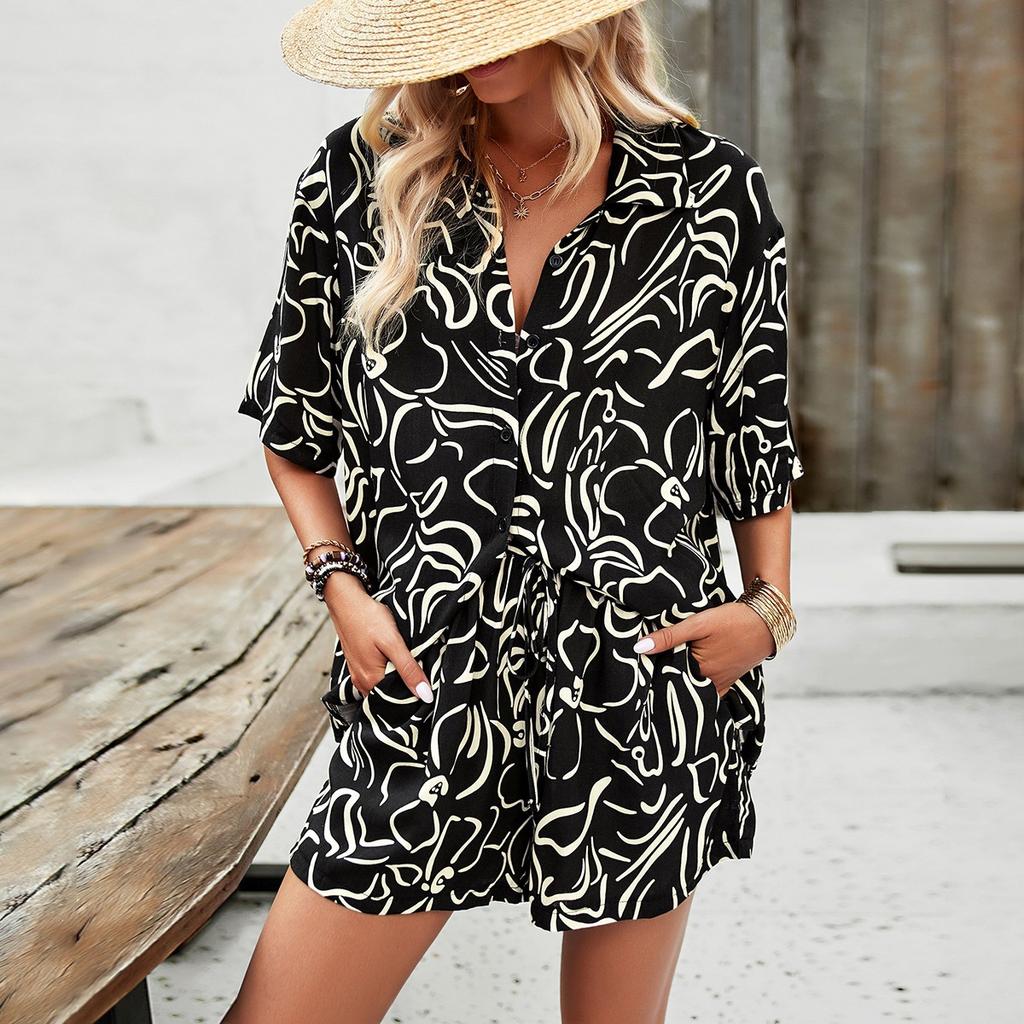 European and American holiday style printed shirt women's suit women's clothing 1116 summer casual shorts two-piece set