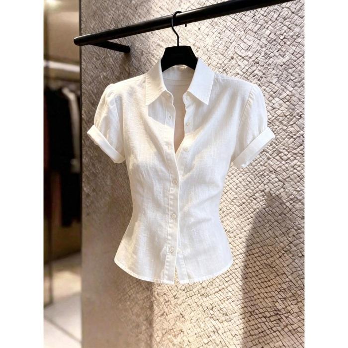 Slim-fit button-down short-sleeved lapel shirt, women's summer high-end light luxury gentle top, versatile
