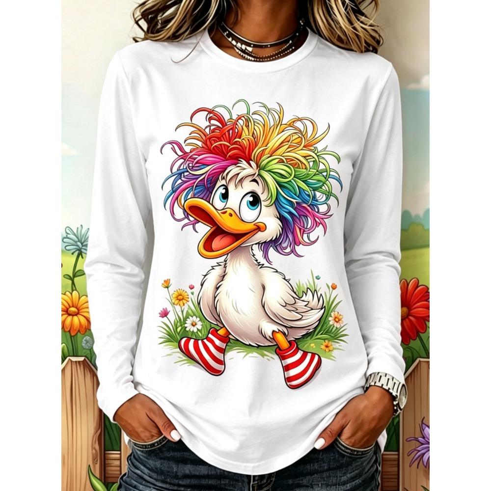 Autumn Women's  Fashionable Comfortable Creative Fun Colorful Animal 3d Printing T-shirt Soft Breathable Round Neck Long Sleeved T-shirt