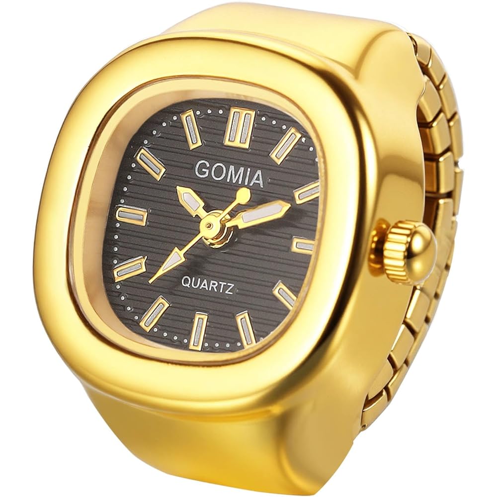 Unique Square Ring Watch Waterproof Quartz Finger Watch with Elastic Band Gold Black
