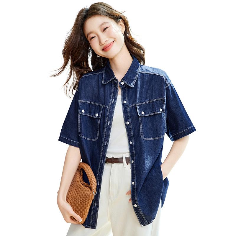 Denim Blue Shirt Women's Short Sleeves Summer New Thin Top Retro Shirt