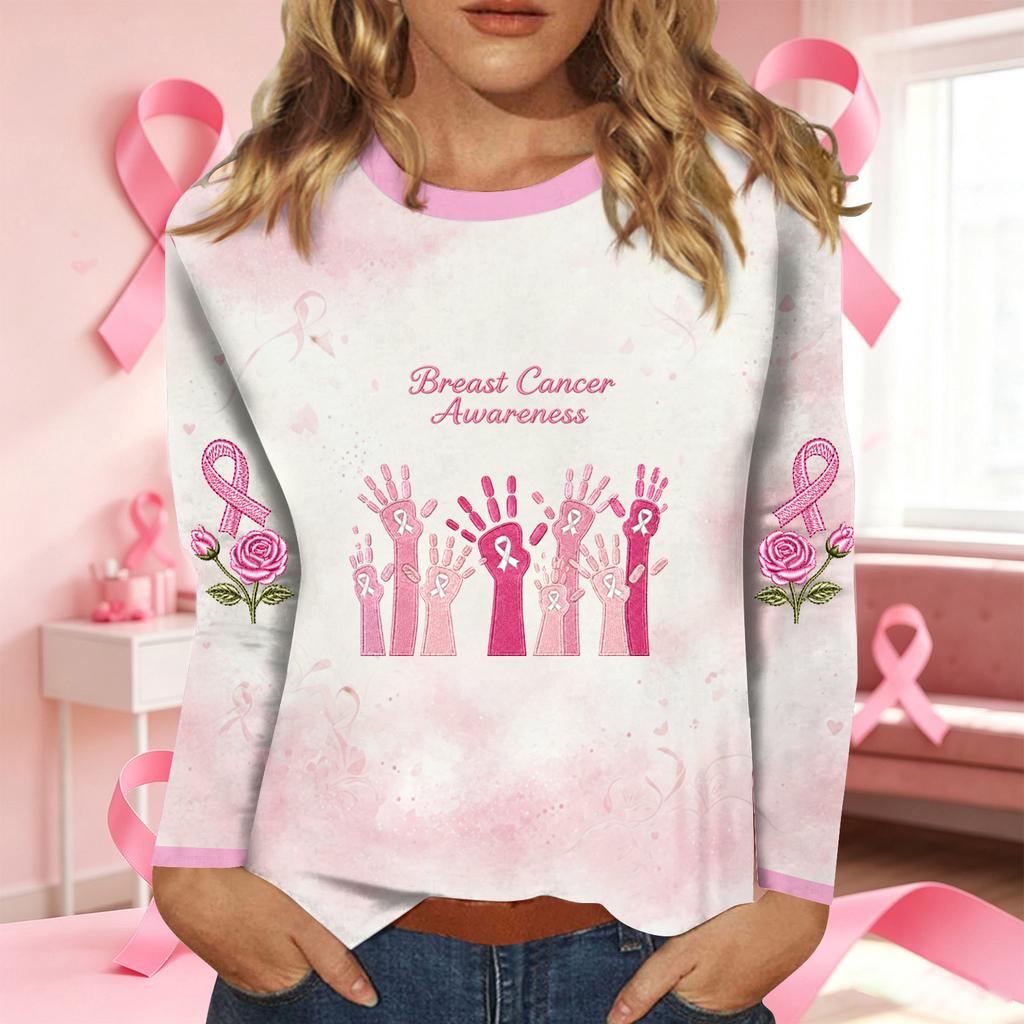 Women's Fashion Casual Long Sleeve Neck Top with Breast Ribbon Print for Support