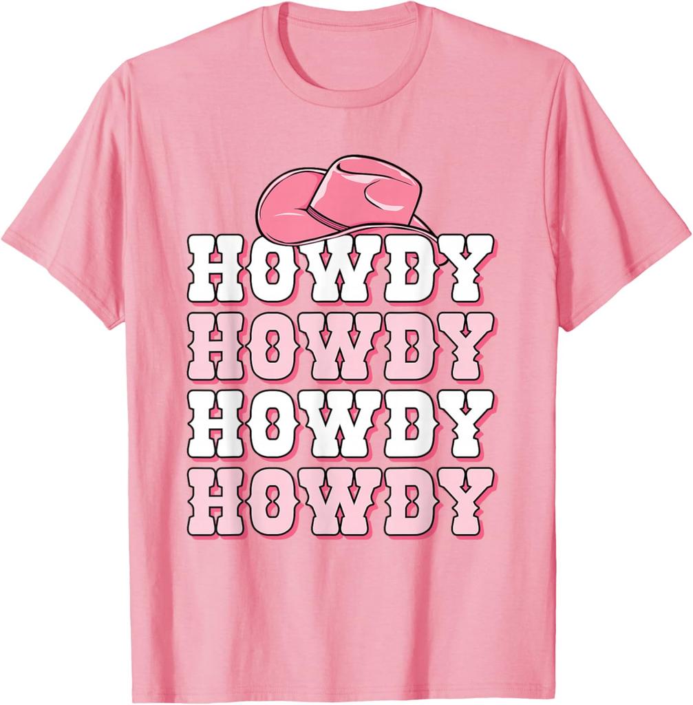 Howdy Pink Cowboy Hat Western Graphic Tee Soft Breathable Casual T-Shirt for Women