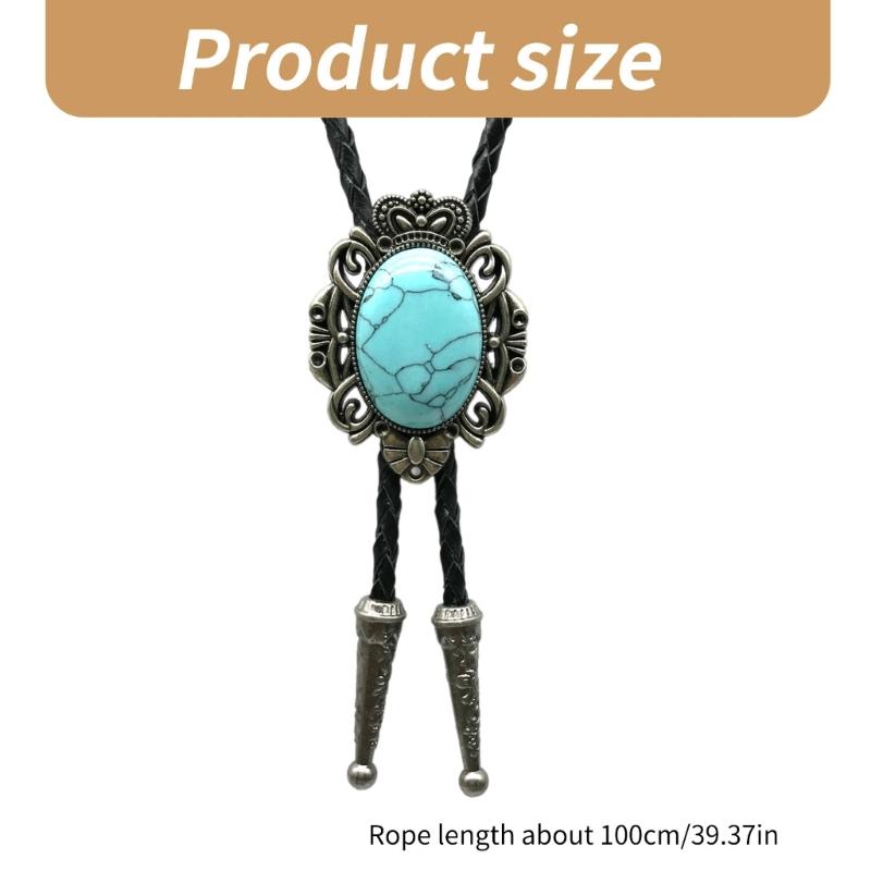 Bolo Tie Necktie Artificial Leather Braided Rope Necklace with Metal Flower Crown Stone Jewelry Cowboy Vintage Neckwear