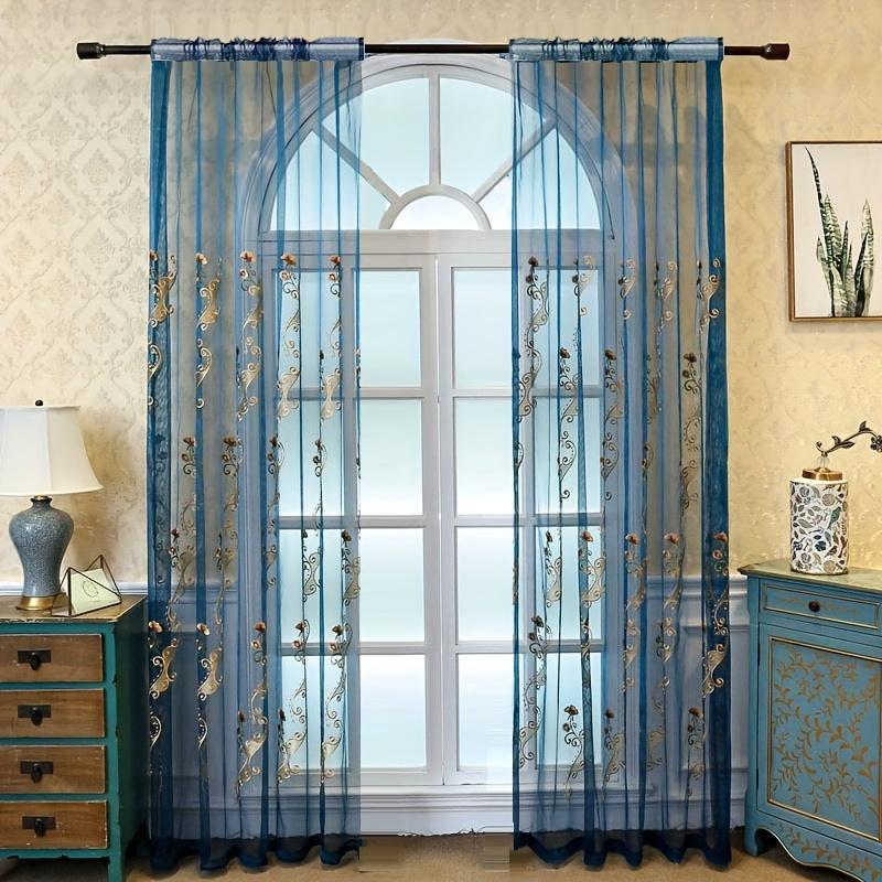 1-Panel Luxury Blue Embroidered Sheer Curtain - Light Filtering, Vintage Flower Pattern, Lace Voile Draperies for Living Room, Bedroom, Dining Room