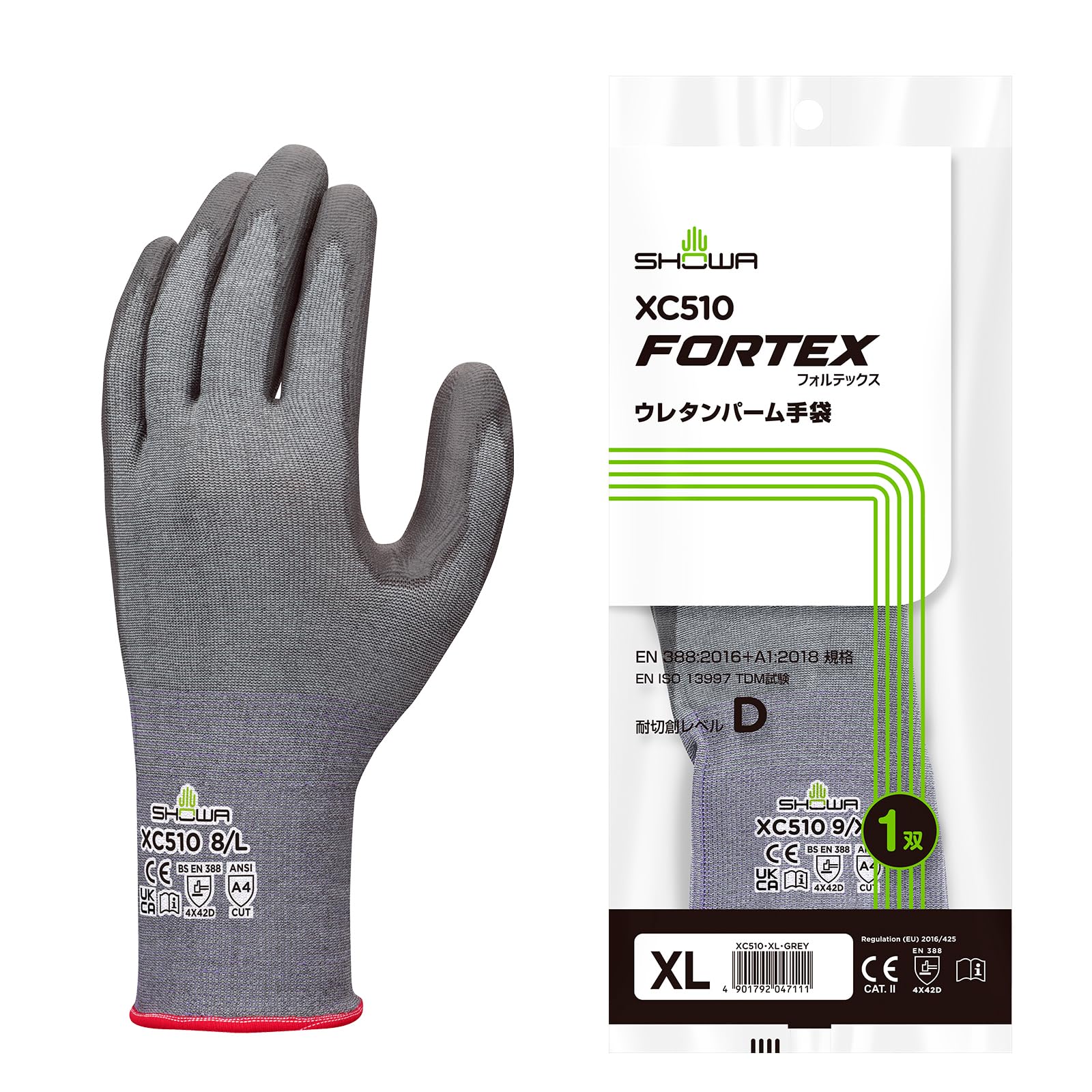 Перчатки Showa XC510 Fortex Полиуретановая ладонь Уровень 18 1 пара Перчатки, Устойчивые к порезам D, Плотность вязки, XL, Серый, серый