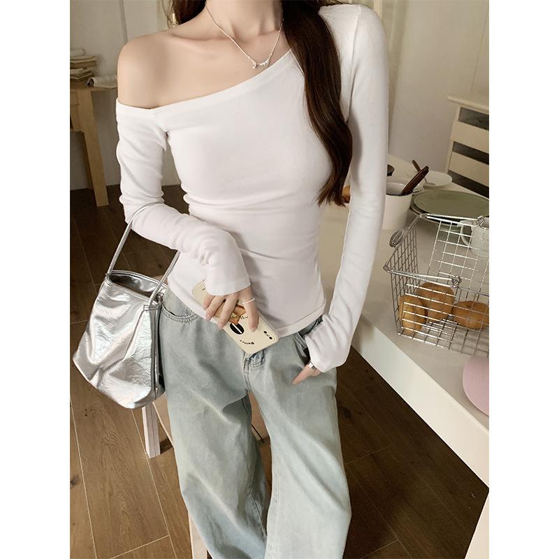 

Sexy Spice Girl Off-Shoulder One-Neck Top Women s Spring Slim-Fit Skinny Slant Shoulder Long Sleeve Bottom Shirt XL белый