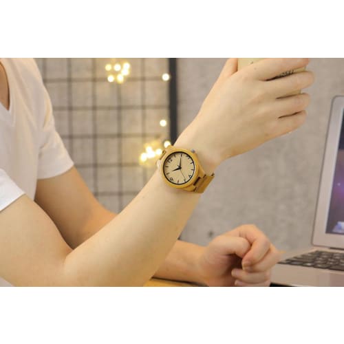 COOFEEL Wooden Watch with Cowhide Leather Strap, Bamboo Wood, for Men and Women, Luxury Brand, Natural Wood Carving (Women's Watch)