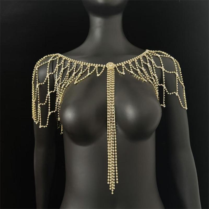 Lightweight Alloy Rhinestoned Tassels Body Chain Shoulder Chain With Easy Wear For Bride On Wedding Day