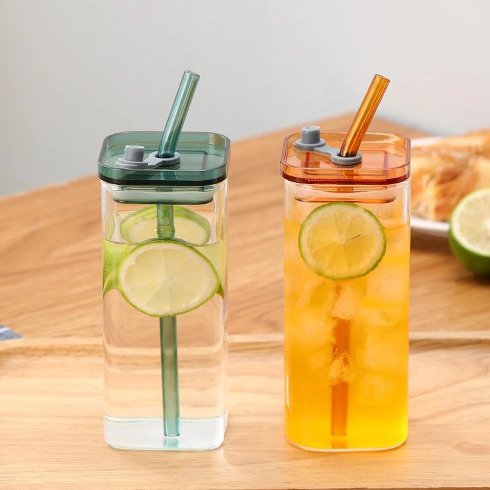 350ml Square Coffee Glass Cup With Lid and Straw Heat Resistant Ice Coffee Mug Breakfast Milk Cup Transparent Beer Cup Drinkware