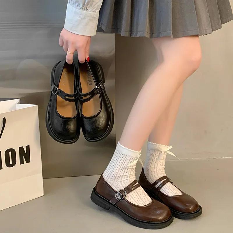 Fashion Brown Mary Jane Women's Shoes Spring 2025 Retro Round Head Match Skirts Thick Heel Versatile PU Leather Comfortable Single Shoes