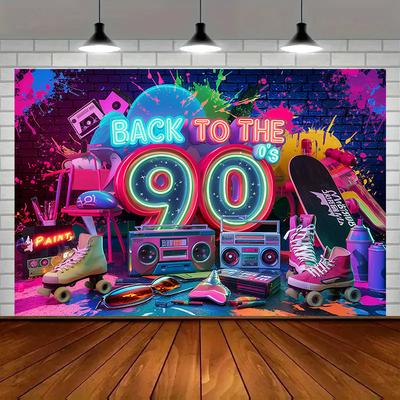 Back To the 90s Party Banner, Neon Retro Skateboard Polyester Backdrop for Home Wall