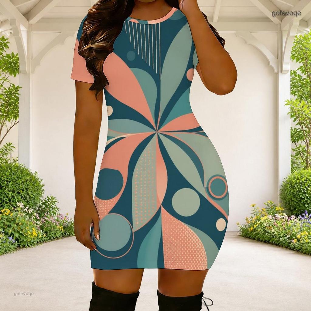 Women Plus Size Round Neck Short Sleeve Geometric Printed Fitted Mini Dress
