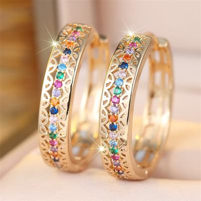Multicolor Crystal Antique Hollow Flower Hoop Earrings For Women Vintage Gold Color Ear Buckle Wedding Party Jewelry Bridal Gift