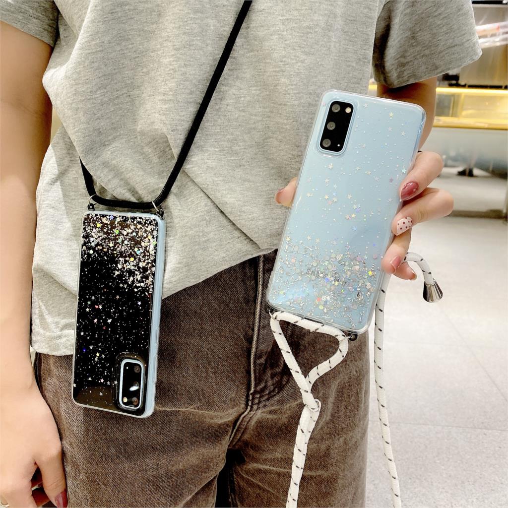 Puzdro s krúžkom na krk pre Samsung Galaxy S8 S9 S10 Plus Note 10 Lite A51 A71 5G A50 A70 A11 S20 Ultra Trblietavé Priehľadné Mäkké Kryt