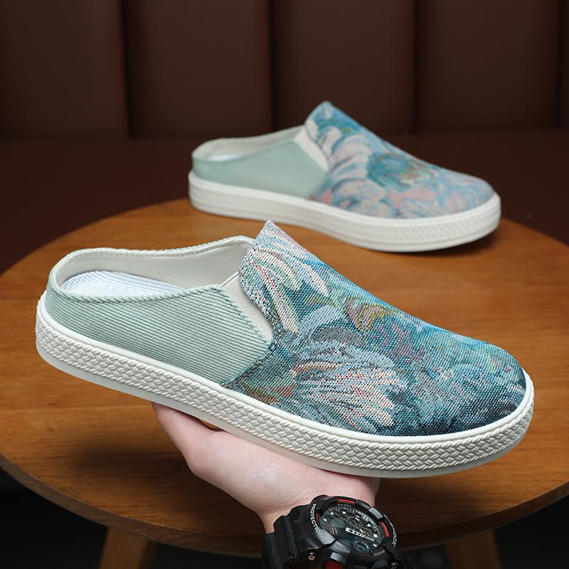 Summer new printed bag head, cloth surface breathable, light and simple, one pedal and half drag men's shoes slippers