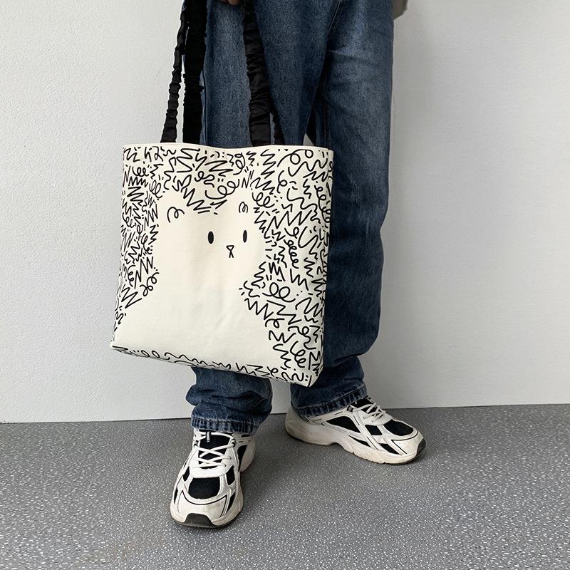 Geantă de umăr pânză drăguță cu pisici și câini pentru femei - Geantă tote artistică de vară cu imprimeu de desene animate, capacitate mare pentru studenți
