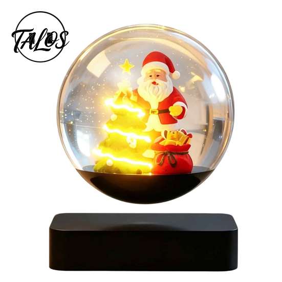 Lighted Christmas Display Centerpiece Magnetic Levitating Santa Claus Tree Ornament with LED Light, Rotating Floating Sleigh for Holiday Parties Glass