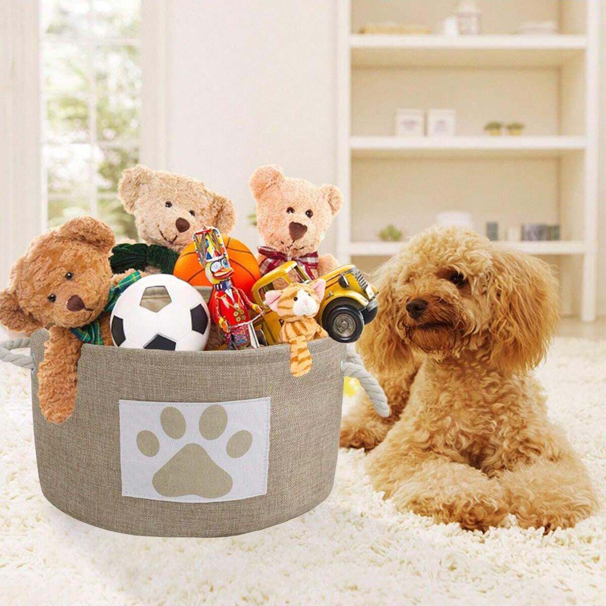 1pc-Striped Foldable Pet Toy Basket with Braided Rope Handle - Dog Toy Storage Box Accessories cachi
