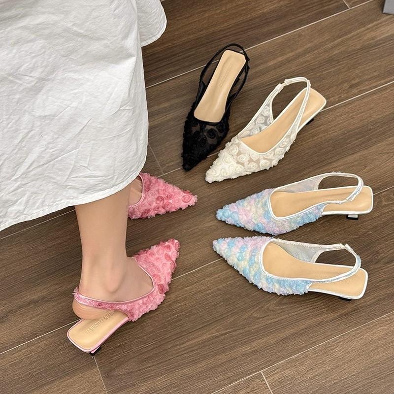 2025 New Bling Women Sandals Pointed Toe Shallow Slip On Ladies Elegant Slingback Shoes Med Heel Pumps
