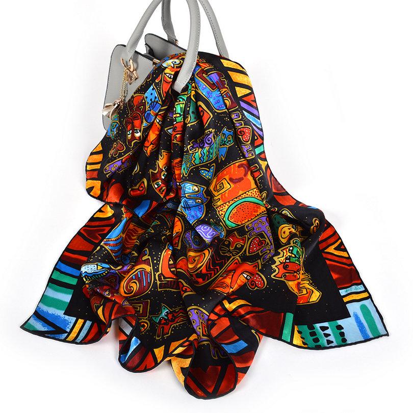 [BYSIFA] Cartoon Cat White Scarves Fashion Brand 100% Silk Scarf Shawl Printed Fall Winter Top Grade Women Scarves Wraps 88*88cm