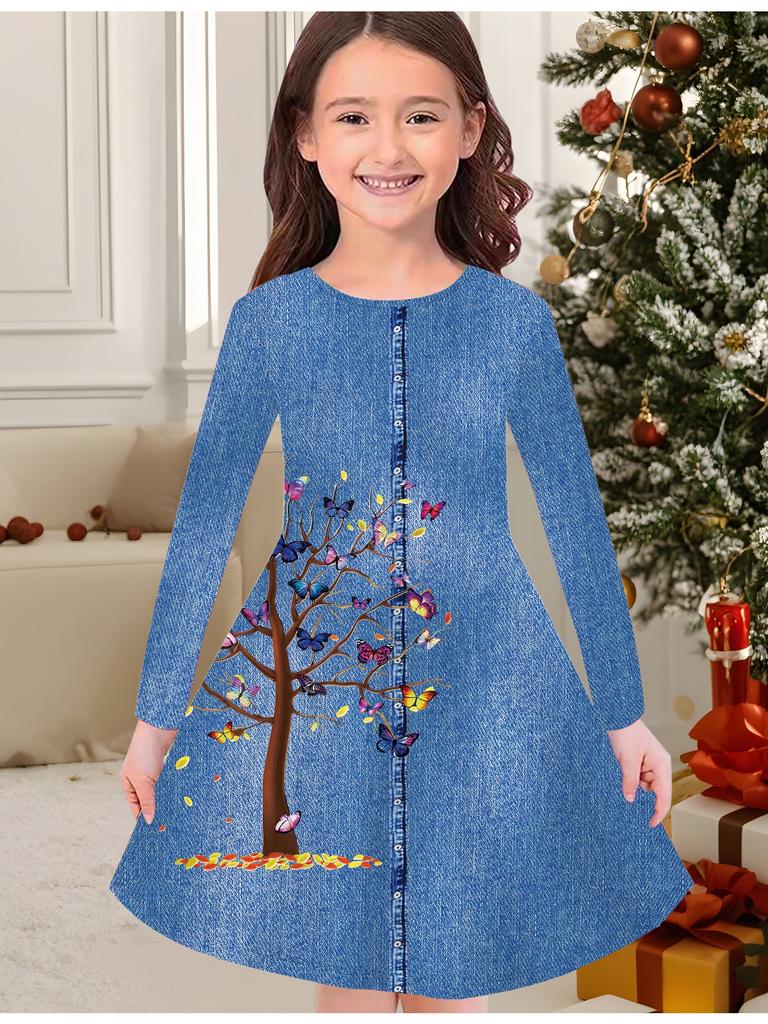 Girls' Autumn and Winter Fashion Dress, 3D Denim-like Print  Round Neck Long Children's T-shirt Dress, Casual Versatile, Christmas Clothing