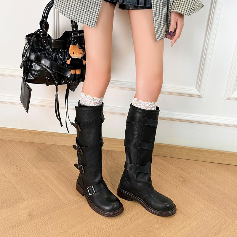 Retro round head belt buckle thick-soled boots 2025 autumn and winter temperament versatile and thin sleeve thick heel knight boots