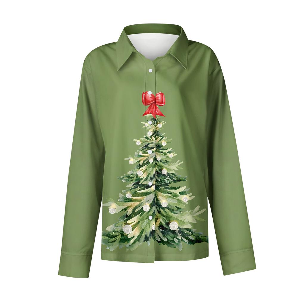 Skjortebluse for kvinner Juletrykkknapp Langermet Casual Basic skjortekrage Vanlig topp
