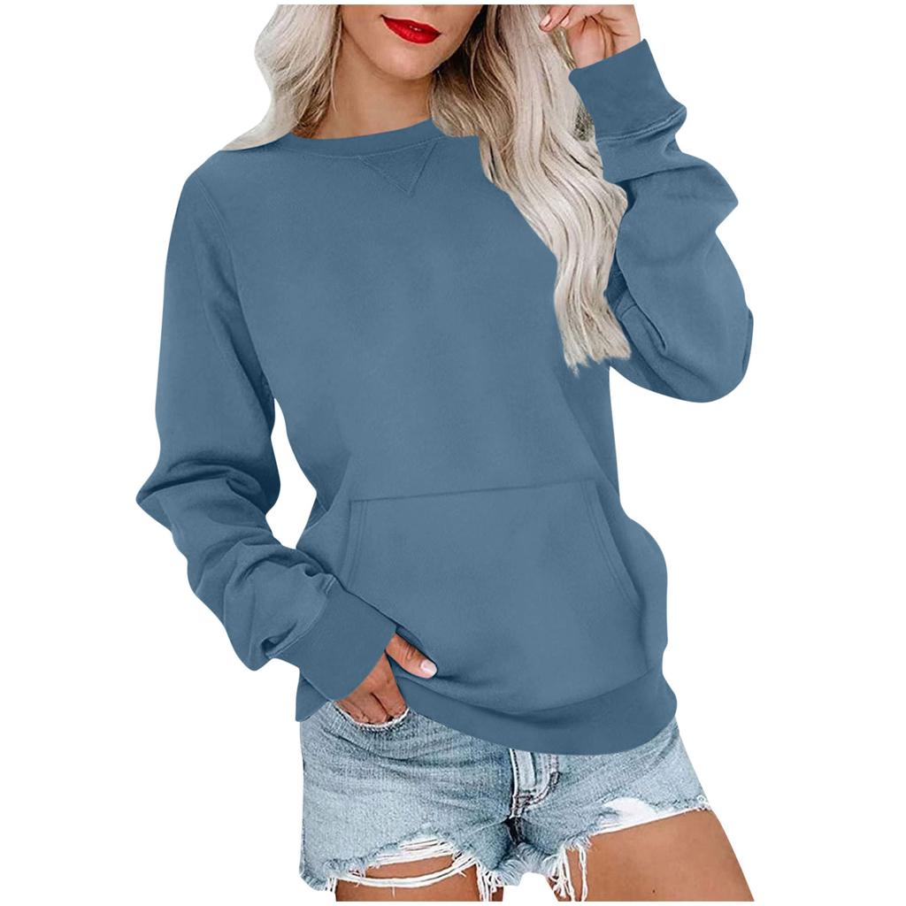 Ladies' Casual And Fashionable Pocket Solid Color Round Neck Long Sleeved Sweatshirt