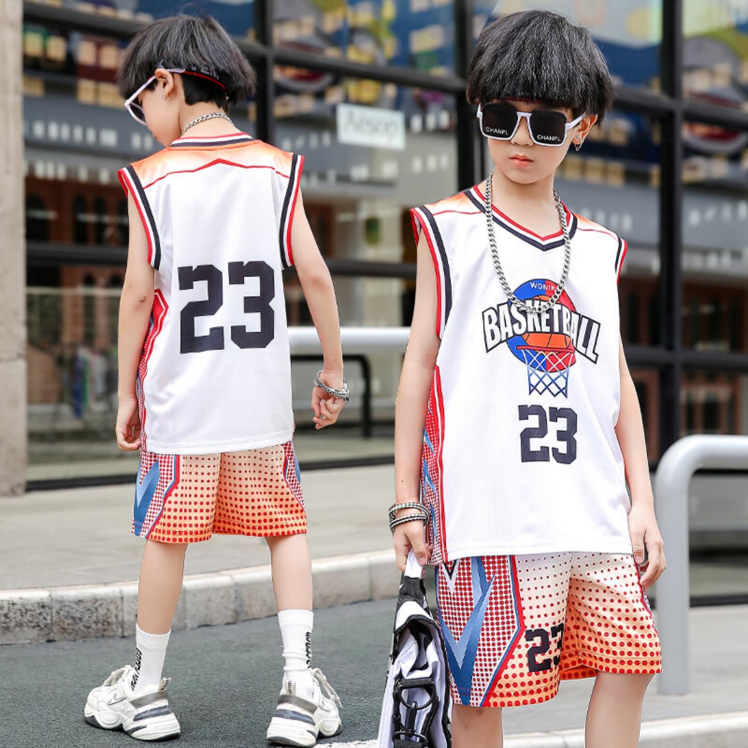 

Children s basketball shorts, personalized basketball uniform for teenagers, printed short sleeved set for both boys and girls 13-14 Years