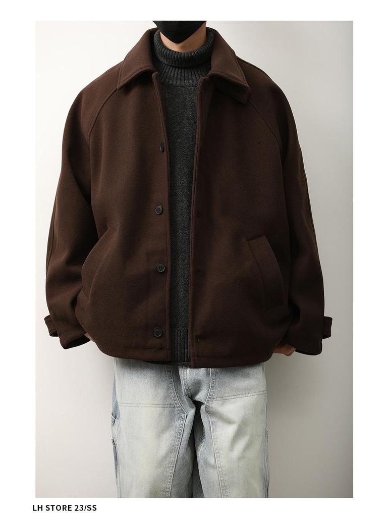 Unisex Japanese Woolen Jacket: Autumn/Winter Retro Loose Fit with Lapel, Oversized Casual Style.