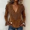 European & American Tassel Suede V-Neck Slimming Jacket for Women - Autumn/Winter Fashion