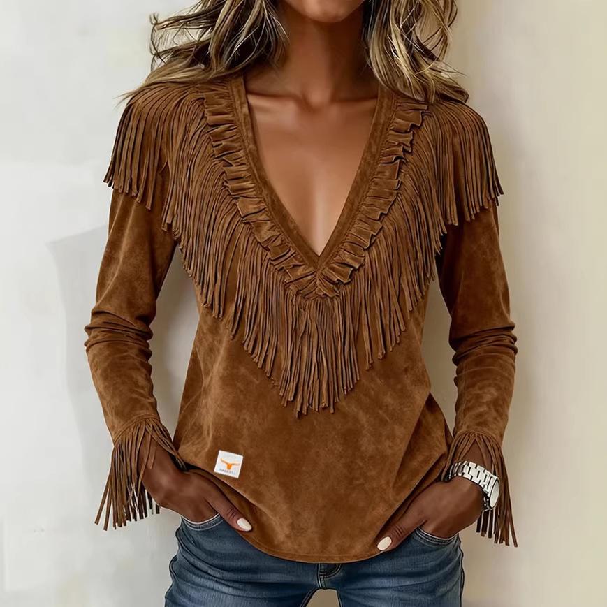 European & American Tassel Suede V-Neck Slimming Jacket for Women - Autumn/Winter Fashion