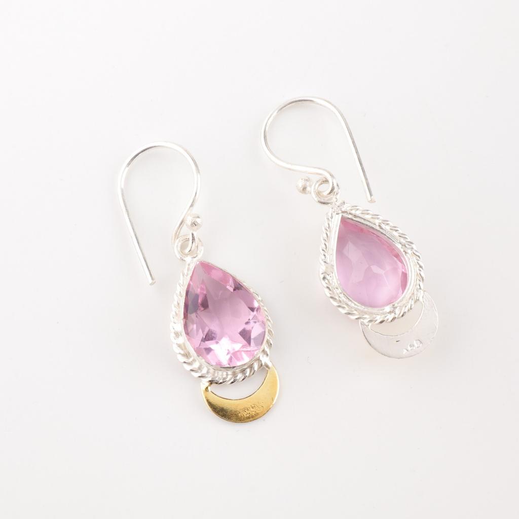 Morganite Gemstone 925 Sterling Silver Jewelry Handmade Two Tone Earrings 1.5" EE-162-11