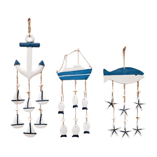 Rustic Ocean Windchime Coastal Beach Theme Wooden Hanging Decor with Hemp Rope for Indoor Outdoor Nautical Patio Garden Decor