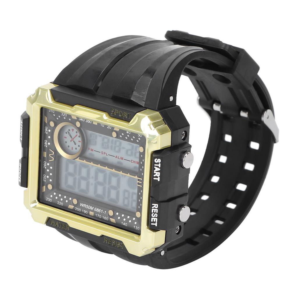 Men S Electronic Watch Night Light Waterproof Large Dial Dual Time Digital Sports WatchBlack Gold