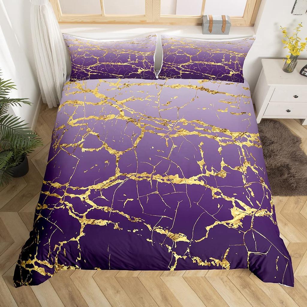 Marmurowy Zestaw Poszewek na Kołdrę Rozmiar Pełny Złoty Marmurkowy Wzór Zestaw Pościeli 3szt. do Pokoju Chłopca Dziewczynki, Abstrakcyjna Tekstura Kamienia Poszwa na Kołdrę