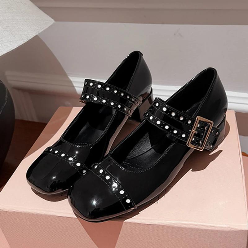 Fashion High Quality Patent Leather Woman Pumps Mary Jane Shoes Japanese Style Lolita Ankle Buckle Square Toe High Heels Zapatos Mujer