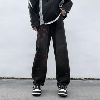 Männer Jeans Breite Bein Lose Gerade Tiefem Schritt Zerrissene Gestreifte Taschen Hip Hop Einfarbig Streetwear Weiche Denim Lange Hosen Frühling Herbst Hosen