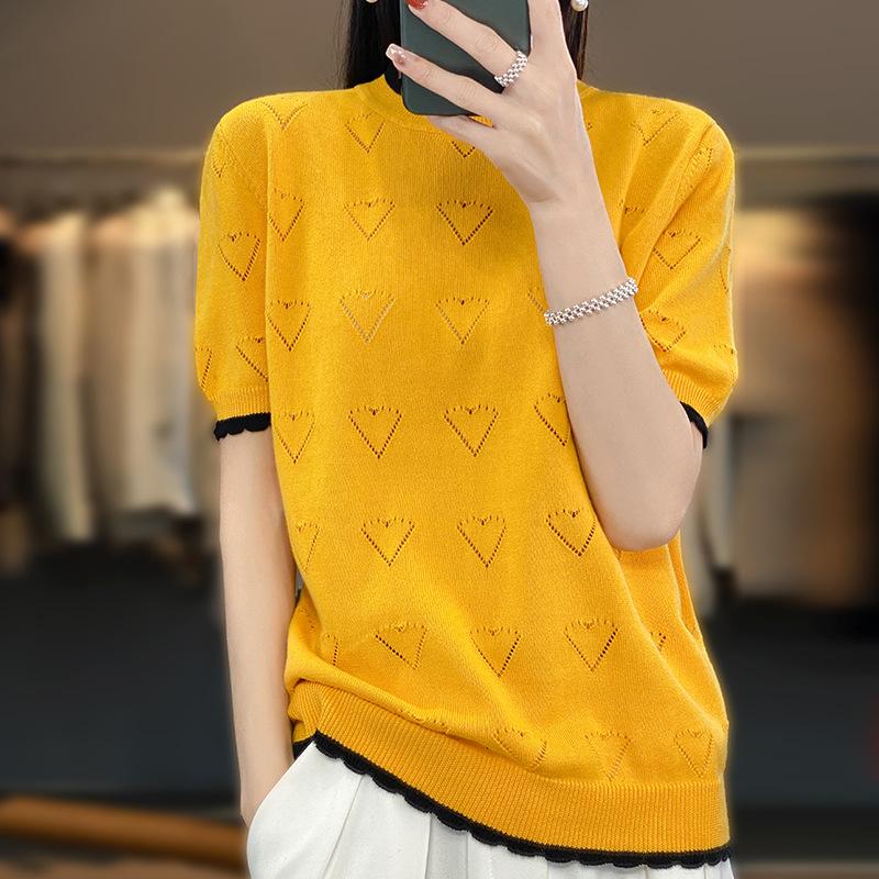 Кружевной свитер с круглым вырезом ажурной вязкой с коротким рукавом женский летний новая мода свободная универсальная футболка контрастный топ S 3287₽