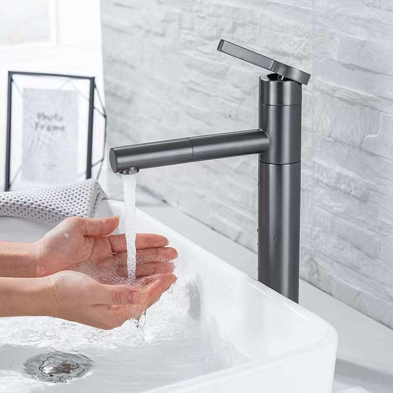 Pull Out Basin Faucet Hot and Cold Bathroom Single Lever Brass Gray Rotation Pull Out Sink Mixer Tap Decked