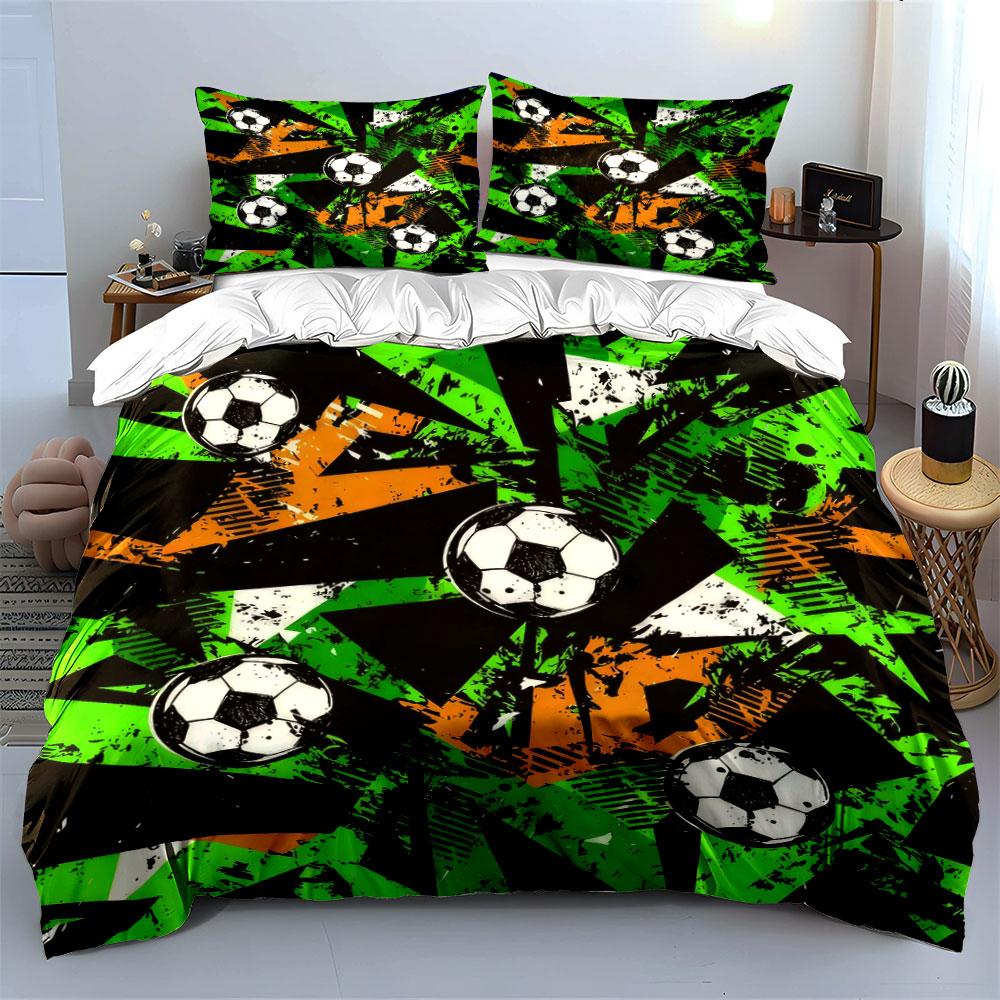 Grunge Green And Black Soccer Ball Pattern 3Pcs Bedding Set Soft Microfiber Bedding Set For Teen Boys Bedroom