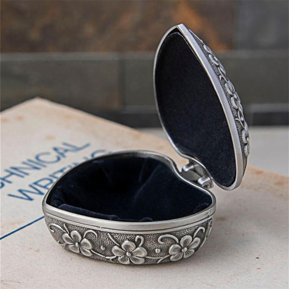 1PC Alloy Antique Jewelry Box Silver Heart Shape Ring Box Classic Portable Small Trinket Storage Organizer Chest for Jewelry