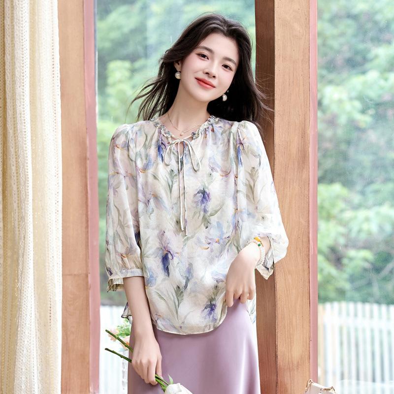 

Silk shirt women s five-quarter-sleeved silk shirt fashion smudge loose mulberry silk shirt top M білий