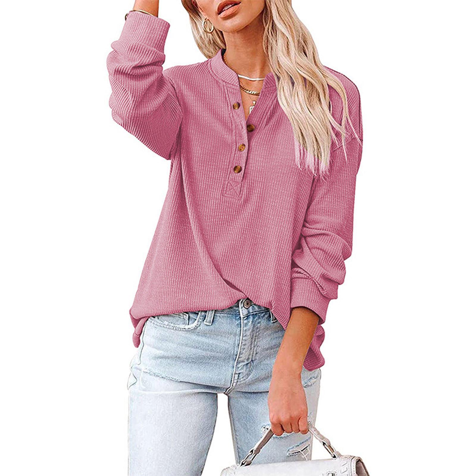 

Женская повседневная футболка с v-образным вырезом на пуговицах, однотонная трикотажная рубашка с длинными рукавами, блузка, топы XXL розовый