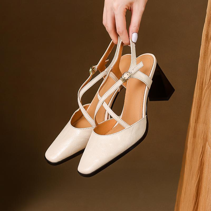Fashion 2025 New Size 34-40 Women Vintage Sandals Real Leather Retro Square Tor High Heels Summer Shoes Slingback T-Strap Office Daily