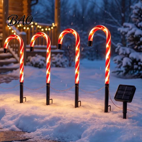 Waterproof Christmas Decor 4Pcs Solar Candy Cane Pathway Lights, Outdoor Stake Powered Lights Garden for Yard Lawn Patio Holiday Decorations
