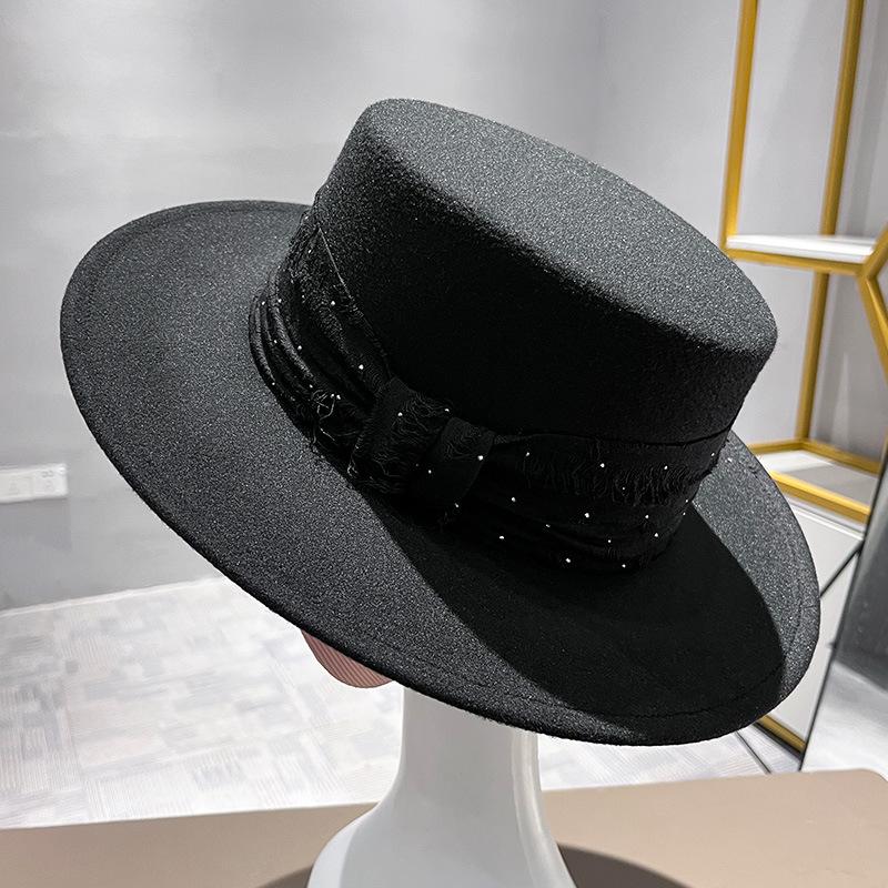 French Rhinestone Satin Top Hat Children Elegant Personality Woolen Hepburn Big Edge Flat Hat Jazz Hat