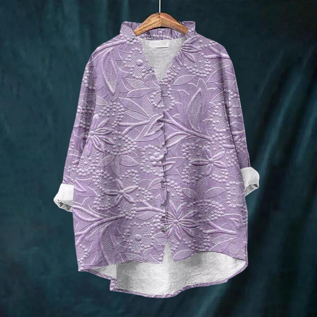 Women's Loose Ruffled Floral Print Stand Collar Long Sleeve Cotton And Linen Top