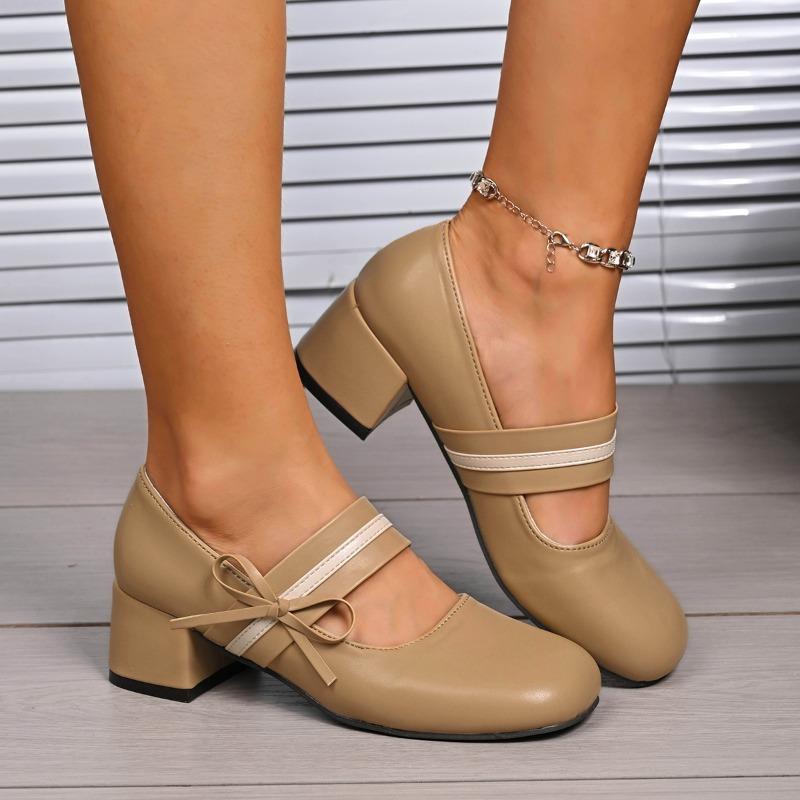 Vintage Square Toe Bowknot Decoration Pu Mary Jane Shoes Women 2025 Summer Medium Heel Dress Pumps Elegant Autumn Office Pumps